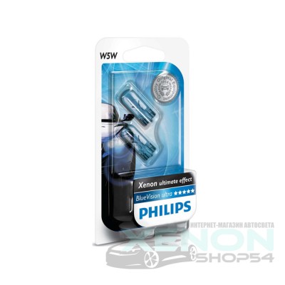 Philips W5W T10 BlueVision ultra, 12961BVB2, 139 руб., 12961BVB2, Philips, Белые